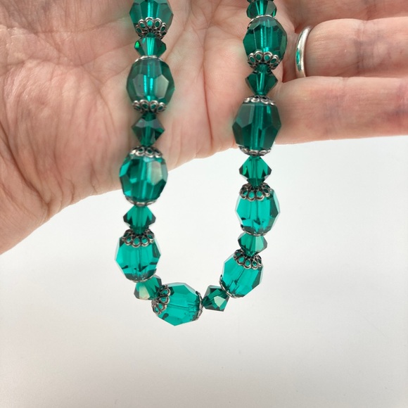 Vintage Crystals Necklace, Teal Blue, Restrung, Filigree, Gothic, Medieval Core - Picture 5 of 5